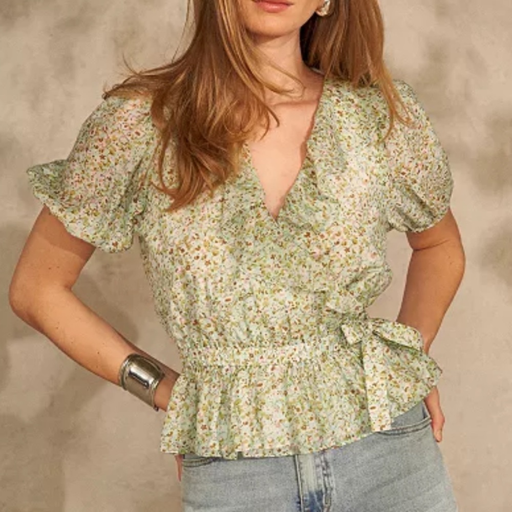 1. State Green Floral Faux Wrap Blouse